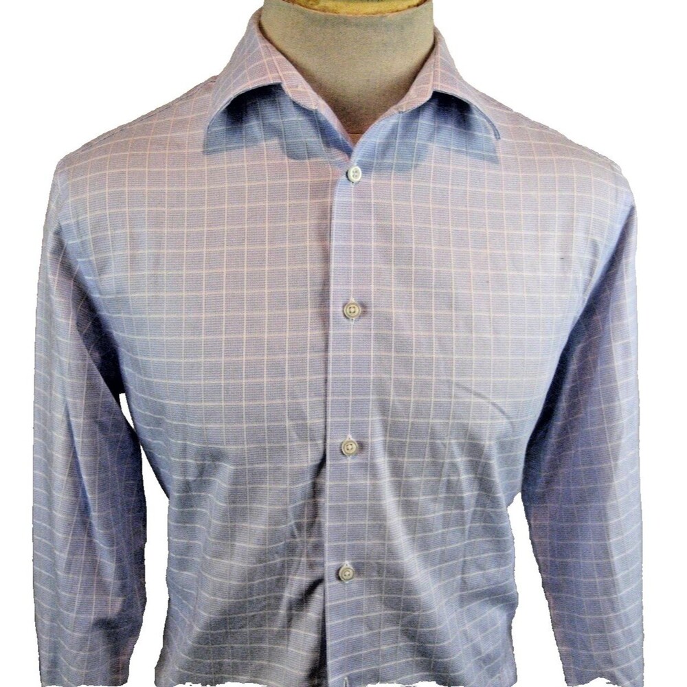 Mens Joseph Abboud Blue Cotton Plaid LS No Iron Casual Shirt sz 16x34/35